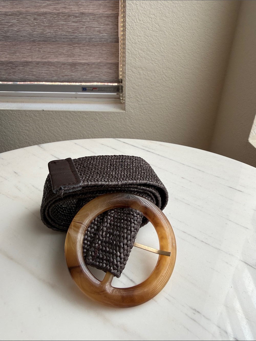 Woven Dark Brown Women's Belt with Round Amber Buckle